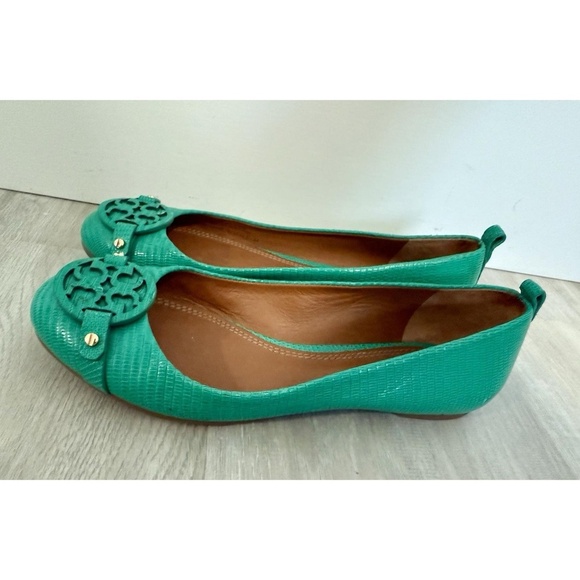 TORY BURCH Size 6.5 M Mini Miller Pond Green Logo Ballet Flat Leather Shoes - Picture 8 of 13